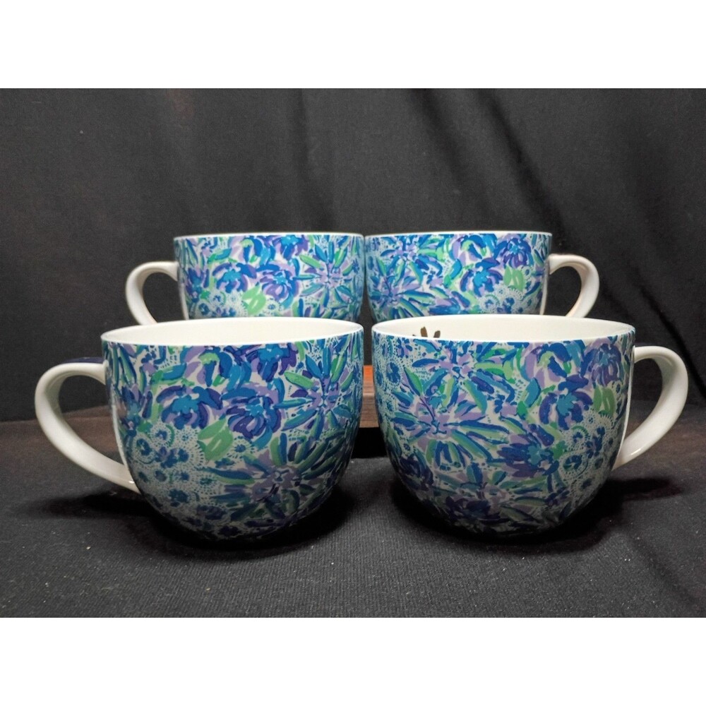 Lilly Pulitzer Soleil On Me Mugs Set of 4 Blue Green Floral Gold XX Lilly